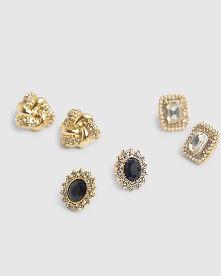 Gold Black Stone Stud Multipack Earrings
