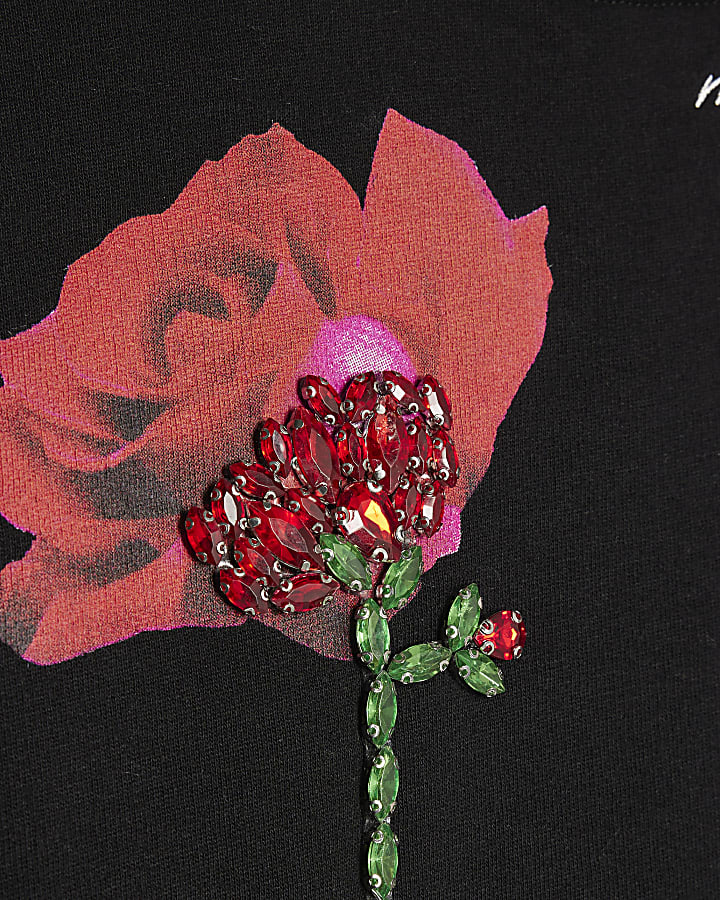 Black Long Sleeve Rose Diamante Sweatshirt