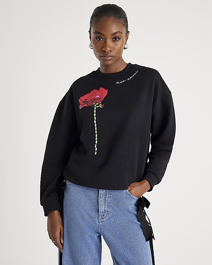 Black Long Sleeve Rose Diamante Sweatshirt