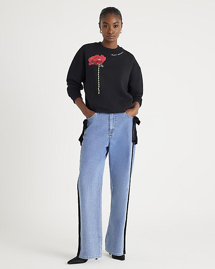 Black Long Sleeve Rose Diamante Sweatshirt