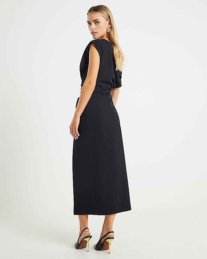 Petite Black Asymmetric Drape Wrap Midi Dress