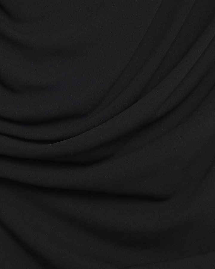 Petite Black Asymmetric Drape Wrap Midi Dress