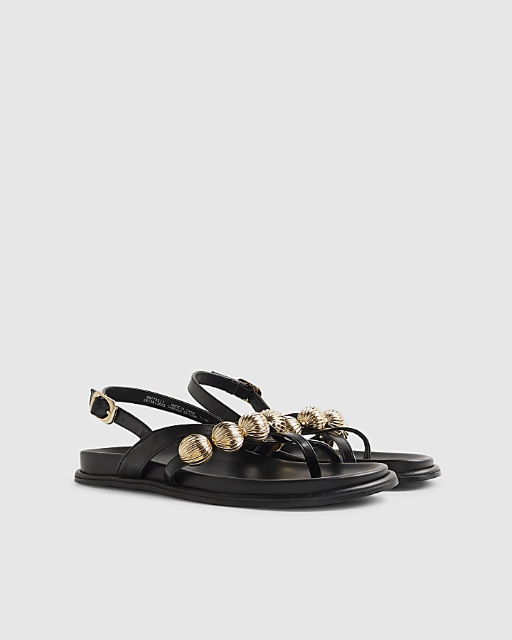 Black Gold Ball Strap Footbed Sandals