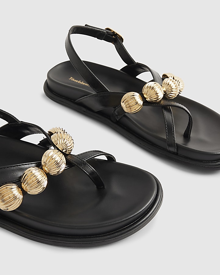 Black Gold Ball Strap Footbed Sandals