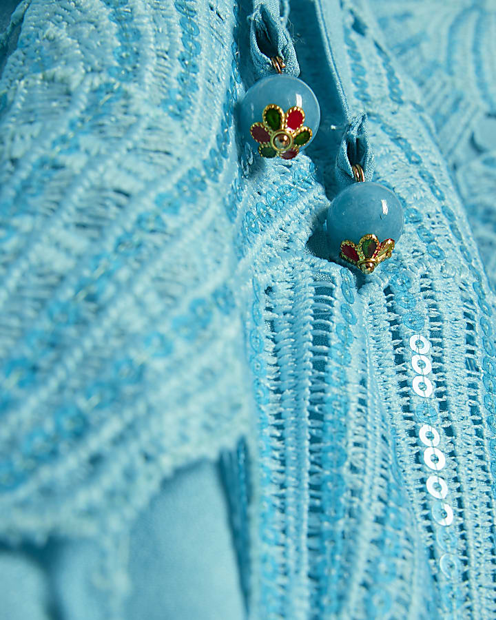 Blue Cutwork Sequin Beach Shorts