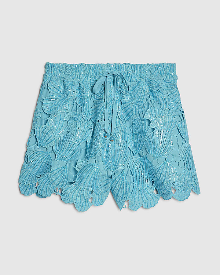 Blue Cutwork Sequin Beach Shorts