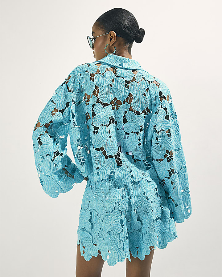 Blue Cutwork Sequin Beach Shirt