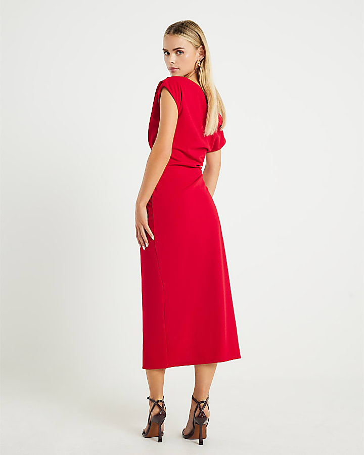 Petite Red Asymmetric Drape Wrap Midi Dress