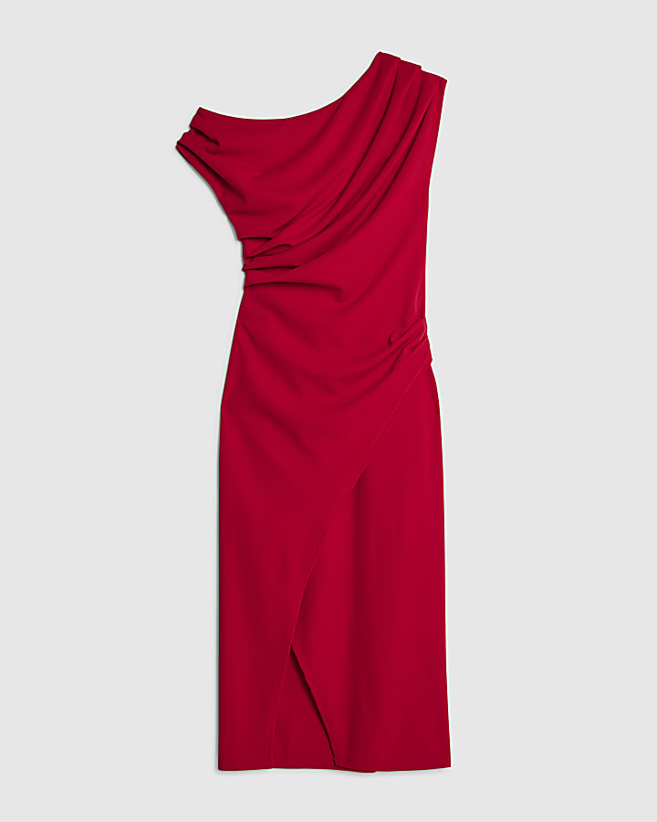 Petite Red Asymmetric Drape Wrap Midi Dress