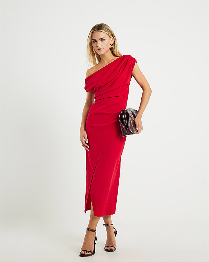 Petite Red Asymmetric Drape Wrap Midi Dress