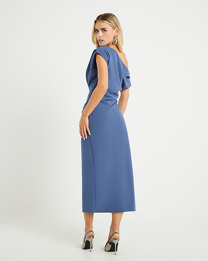 Petite Blue Asymmetric Drape Wrap Midi Dress