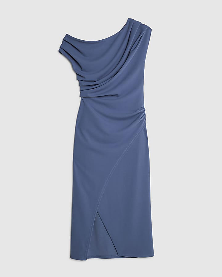 Petite Blue Asymmetric Drape Wrap Midi Dress
