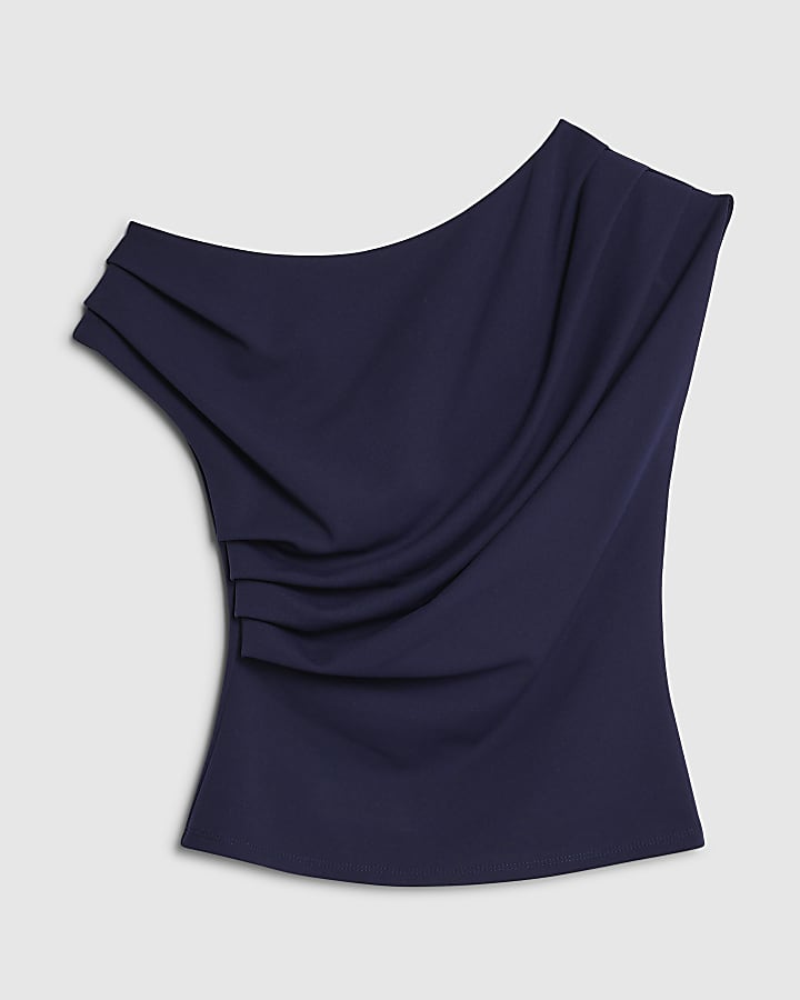 Petite Navy Off Shoulder Drape Top