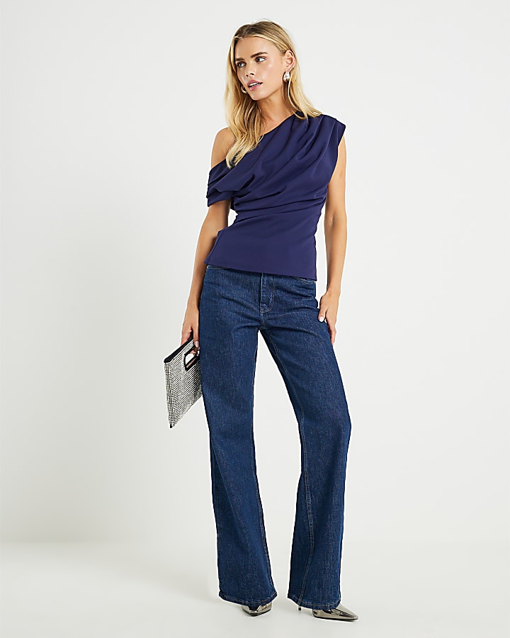 Petite Navy Off Shoulder Drape Top