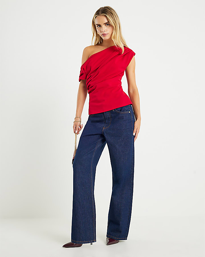 Petite Red Off Shoulder Drape Top