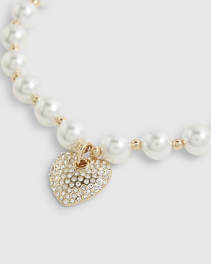 White Pearl Paved Heart Necklace