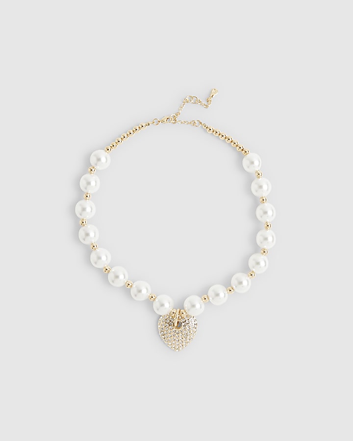 White Pearl Paved Heart Necklace