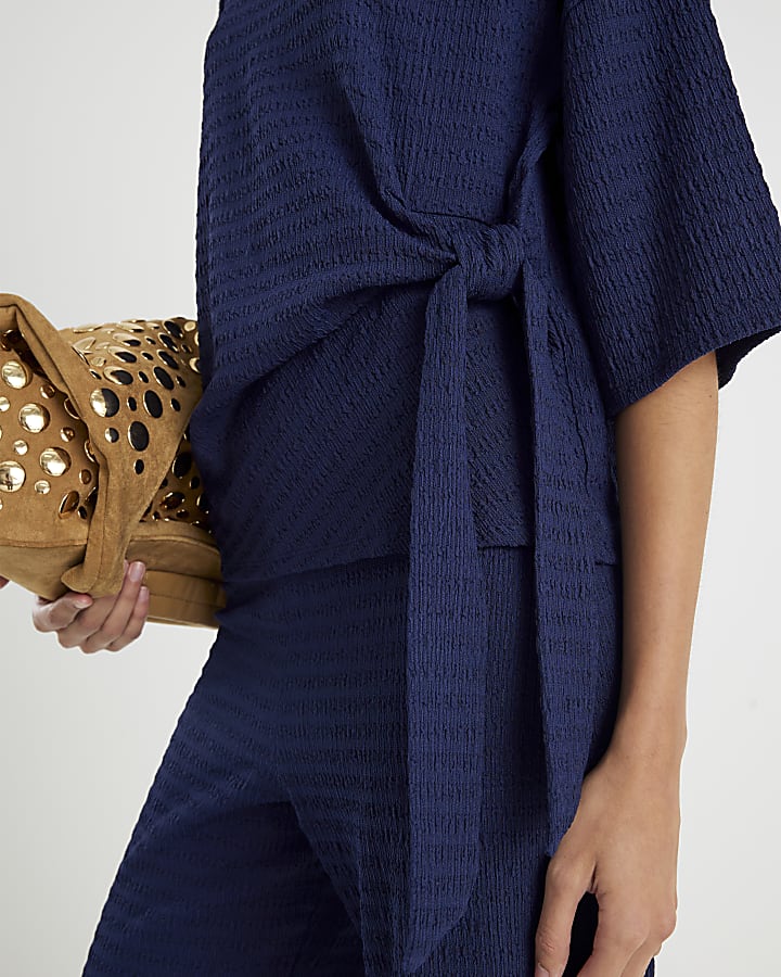 Navy Short Sleeve Textured Tie T-shirt