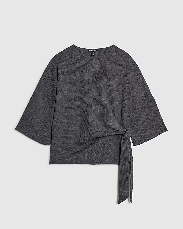 Grey Short Sleeve Textured Tie T-shirt