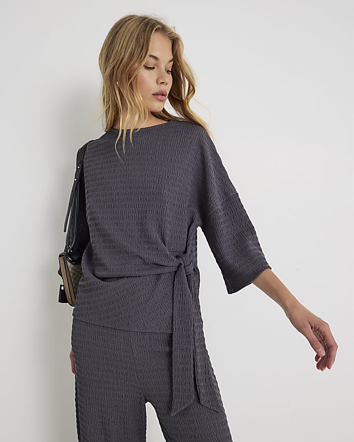 Grey Short Sleeve Textured Tie T-shirt