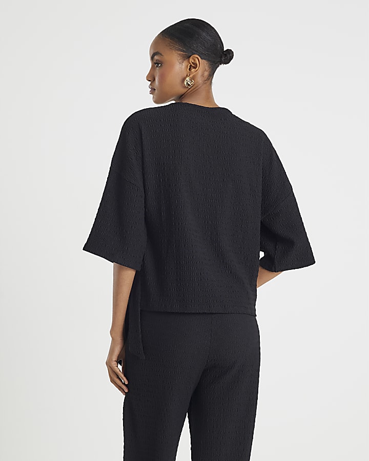 Black Short Sleeve Textured Tie T-shirt