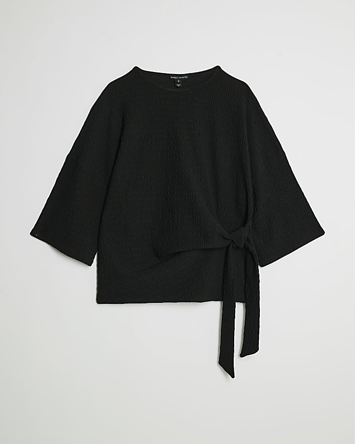 Black Short Sleeve Textured Tie T-shirt