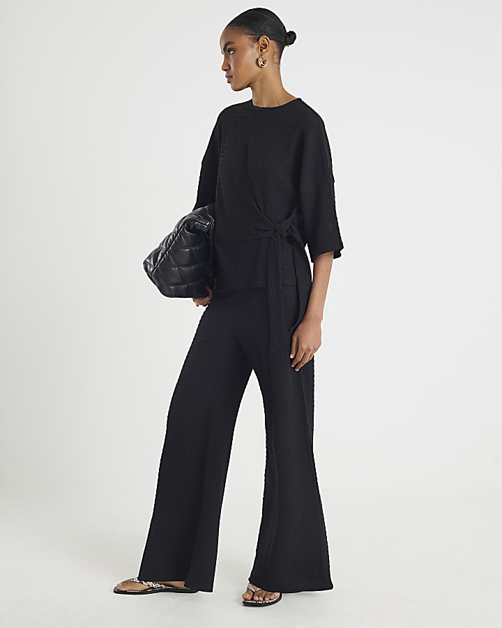 Black Short Sleeve Textured Tie T-shirt