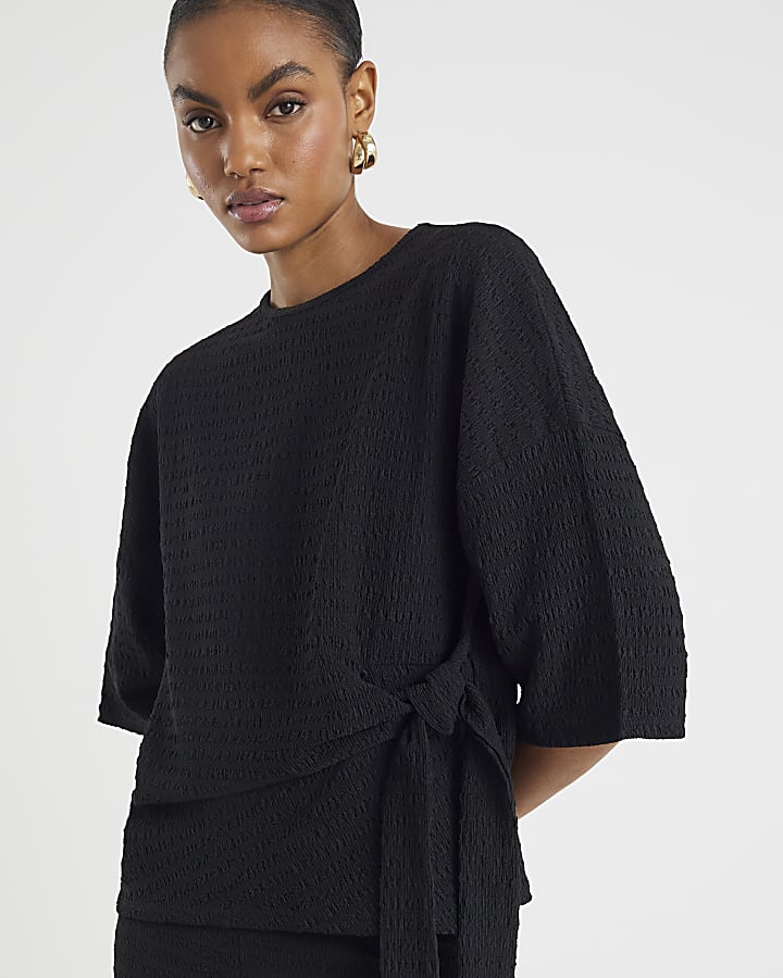 Black Short Sleeve Textured Tie T-shirt