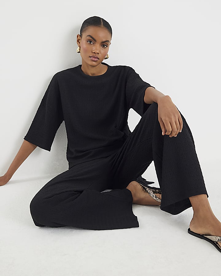 Black Textured Wide Leg Trousers