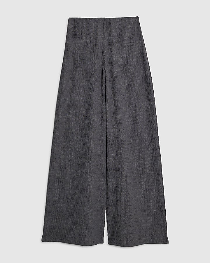 Grey Textured Wide Leg Trousers