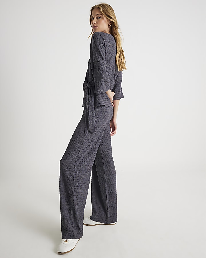 Grey Textured Wide Leg Trousers