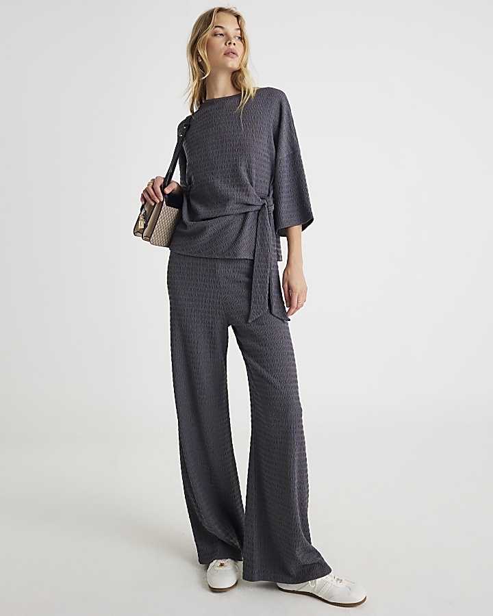 Grey Textured Wide Leg Trousers