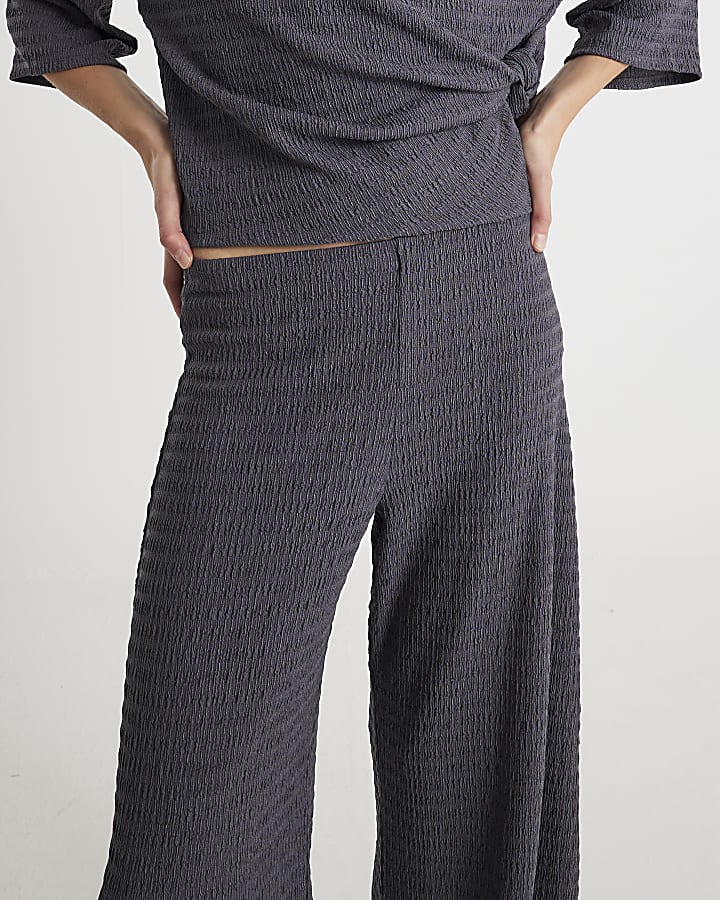 Grey Textured Wide Leg Trousers