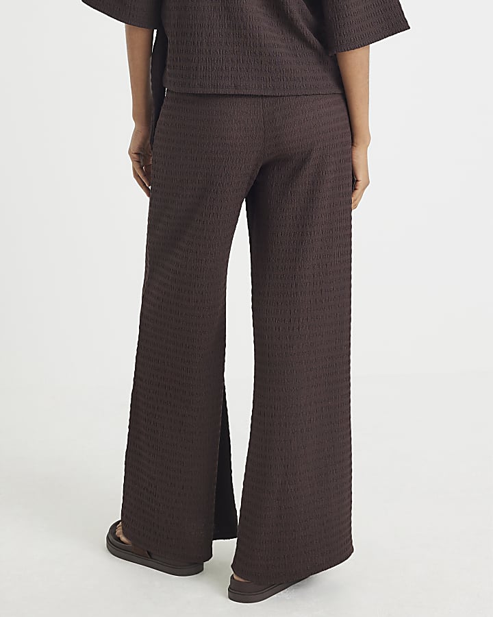 Brown Textured Wide Leg Trousers