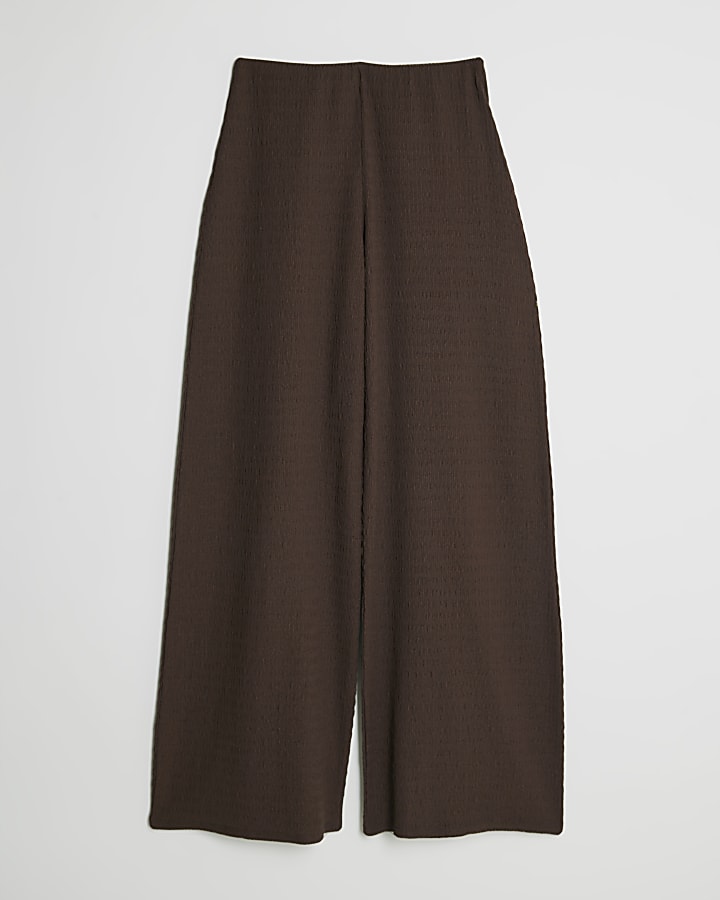Brown Textured Wide Leg Trousers