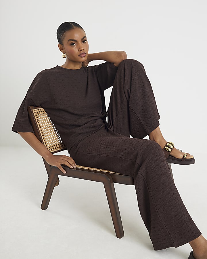 Brown Textured Wide Leg Trousers