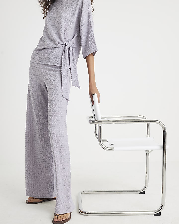 Grey Textured Wide Leg Trousers