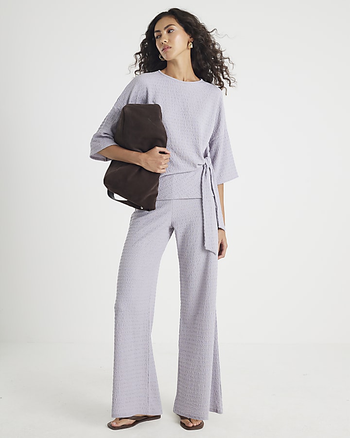 Grey Textured Wide Leg Trousers