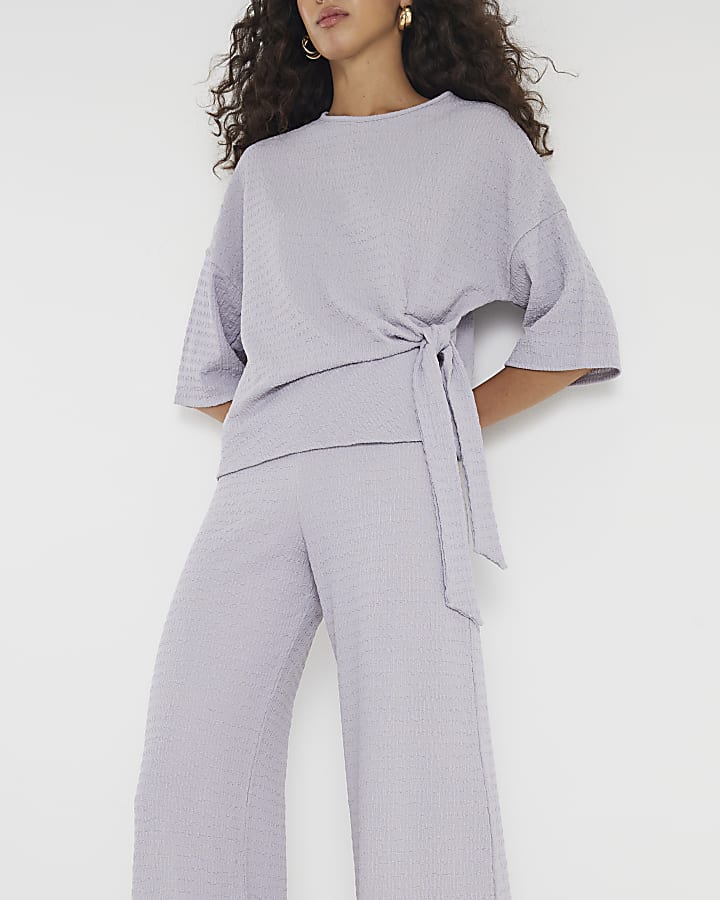 Grey Textured Wide Leg Trousers