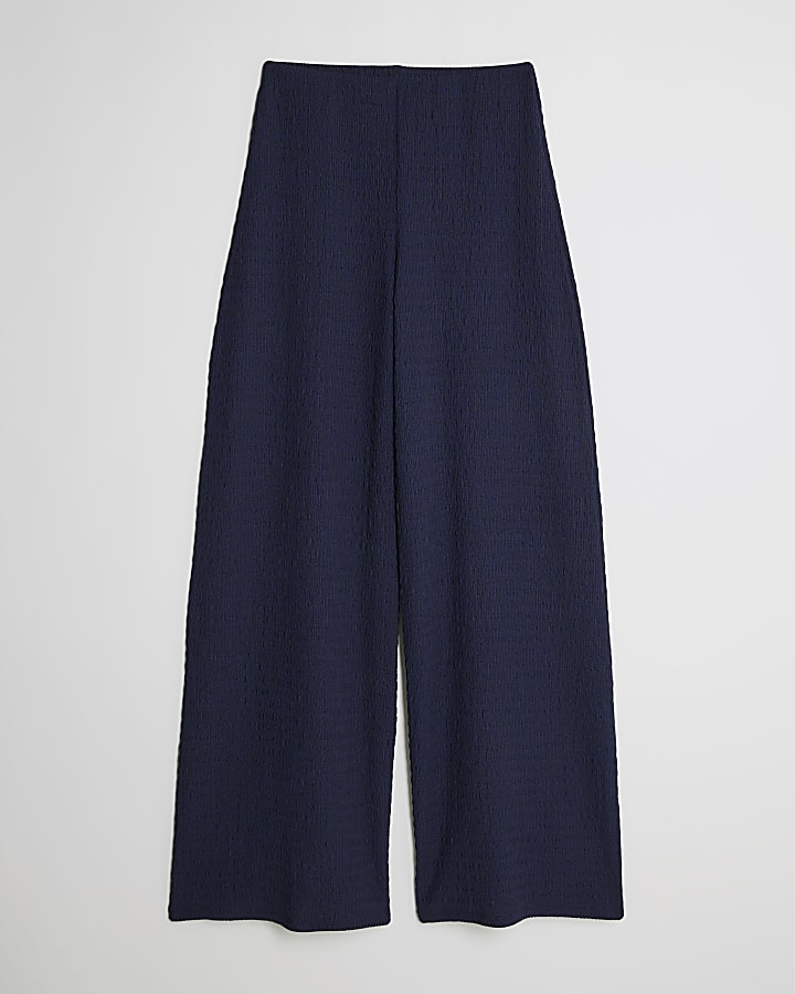 Navy Textured Wide Leg Trousers