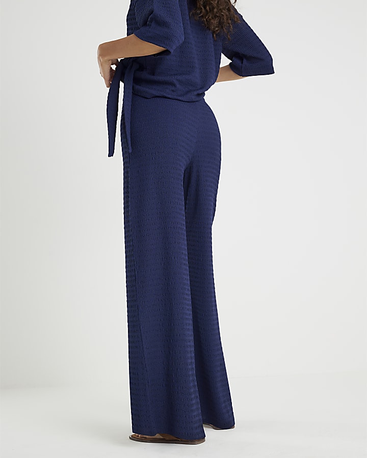 Navy Textured Wide Leg Trousers