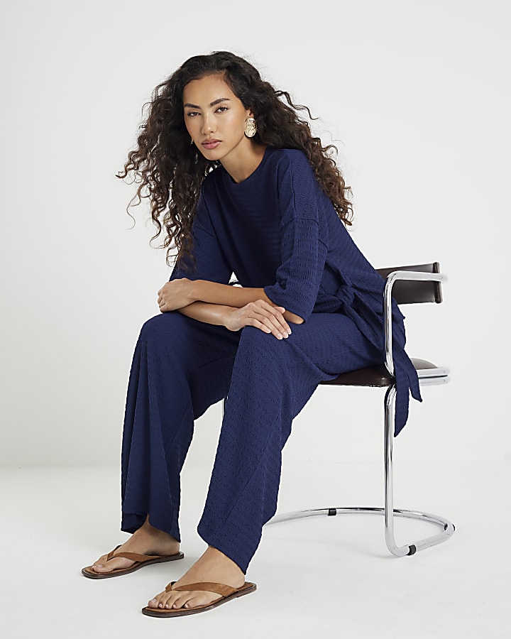 Navy Textured Wide Leg Trousers