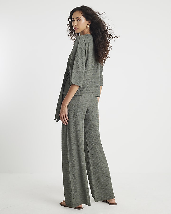 Khaki Textured Wide Leg Trousers