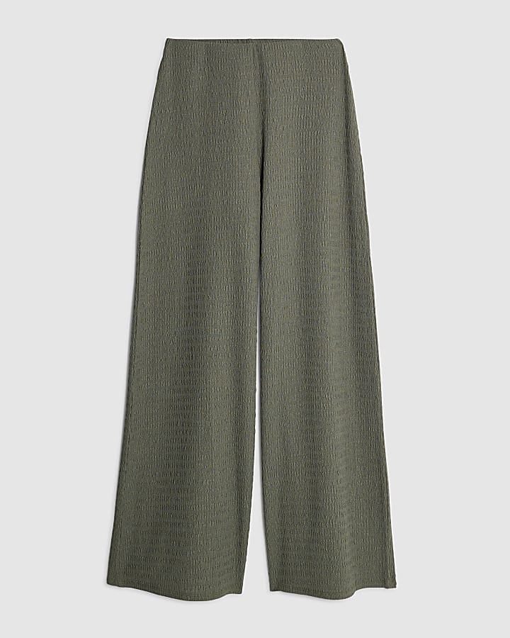 Khaki Textured Wide Leg Trousers