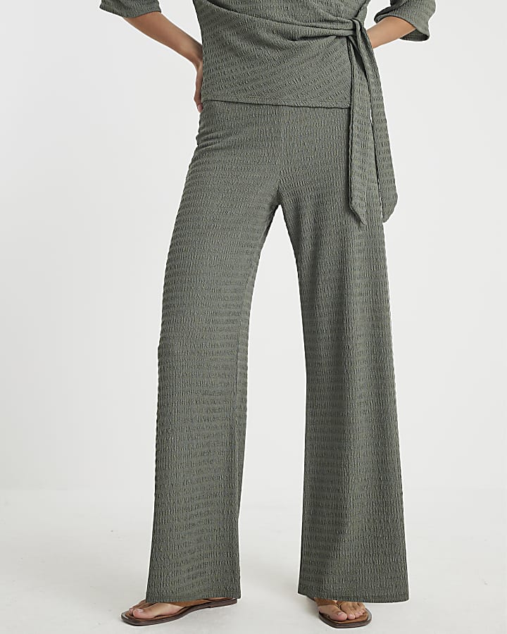 Khaki Textured Wide Leg Trousers