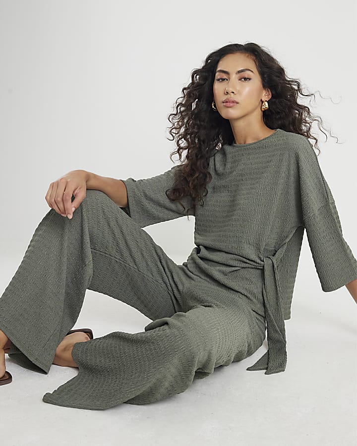 Khaki Textured Wide Leg Trousers