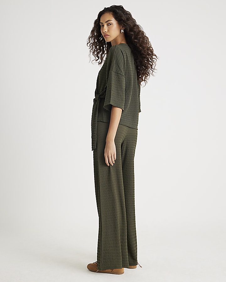 Khaki Textured wide leg Trousers