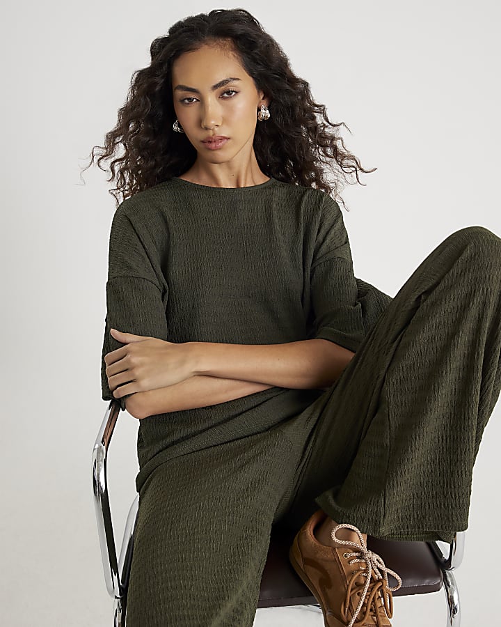Khaki Textured wide leg Trousers