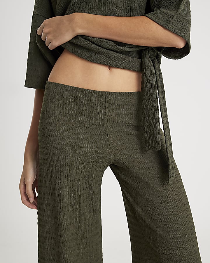 Khaki Textured wide leg Trousers