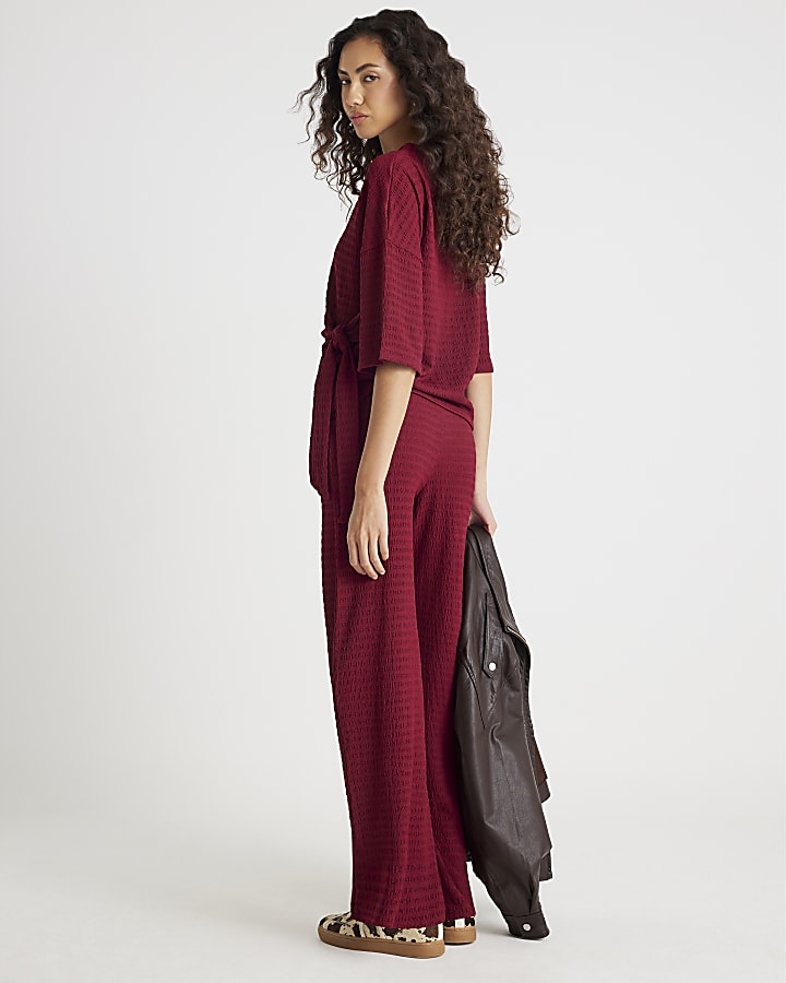 Red Textured Wide Leg Trousers